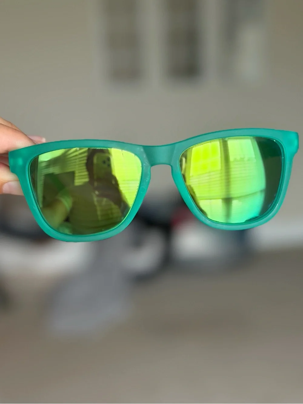 Teal Frame Sunglasses with Green Mirrored Lenses